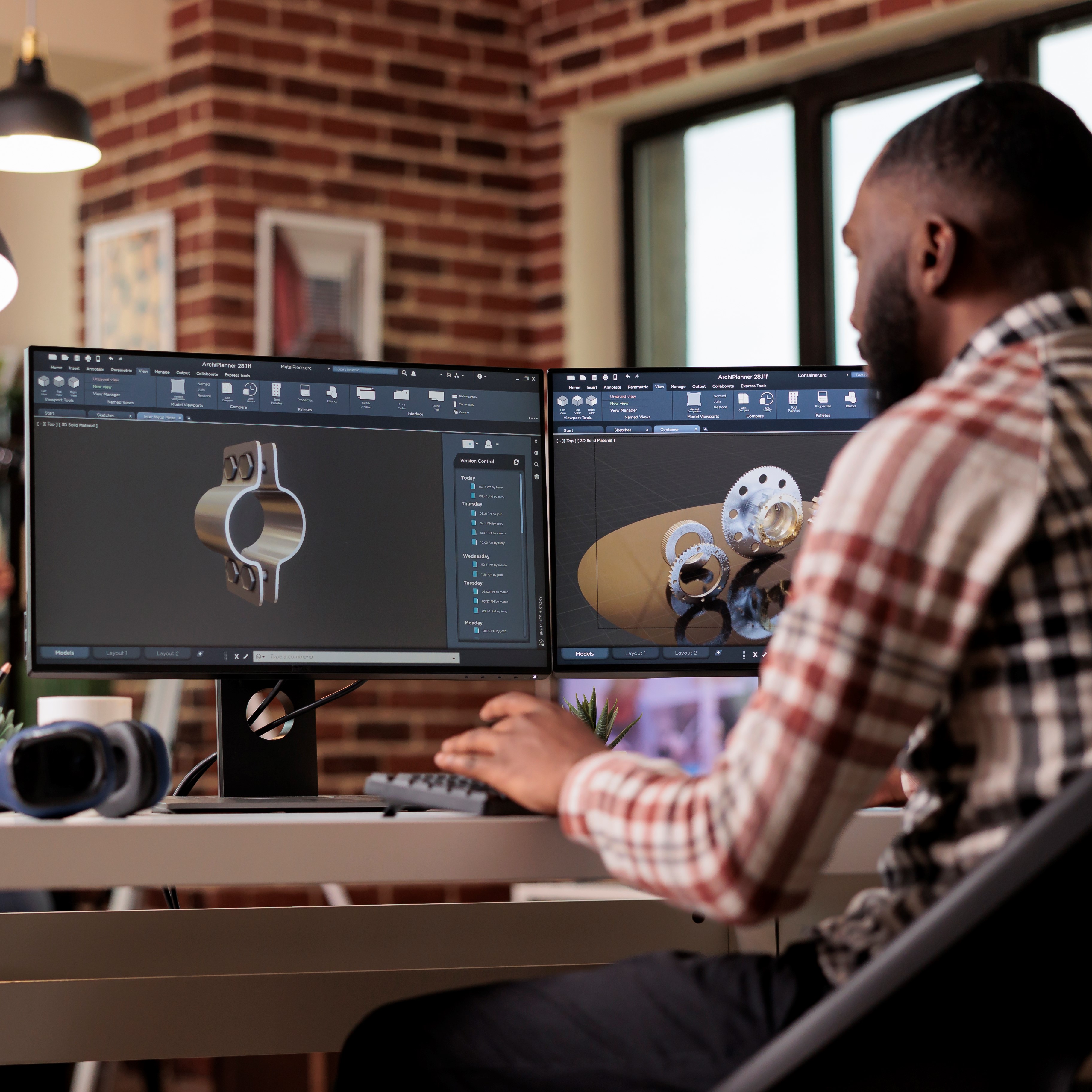 Male developer working with manufacturing software to develop industrial machinery and gears model. Engineering technical machine product on computer, construction industry development.